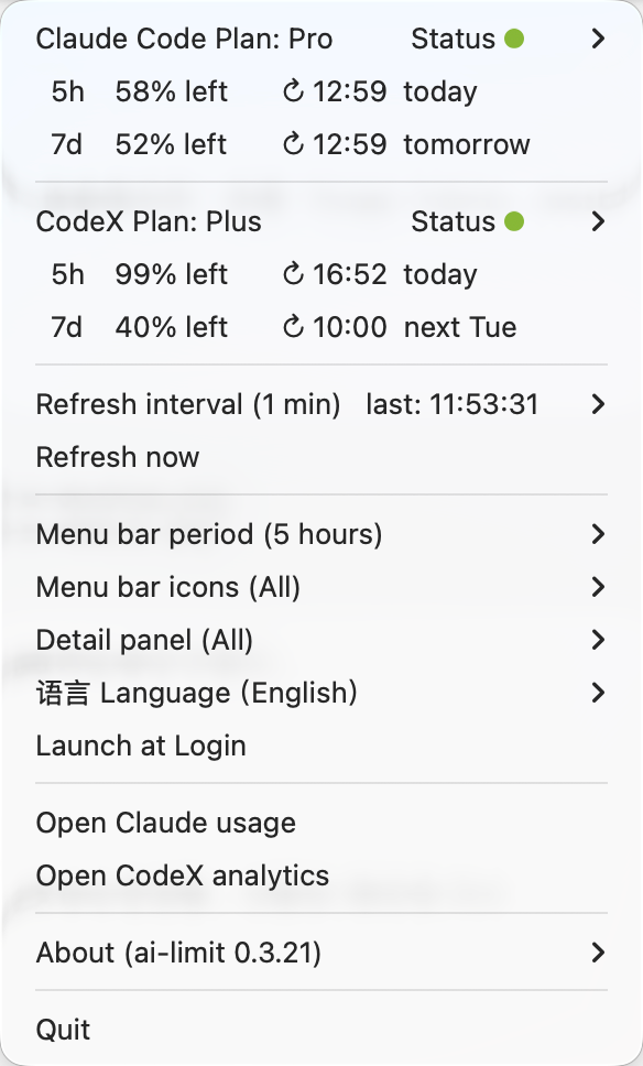 AI Limit menu bar panel showing Claude Code and Codex quota percentages
